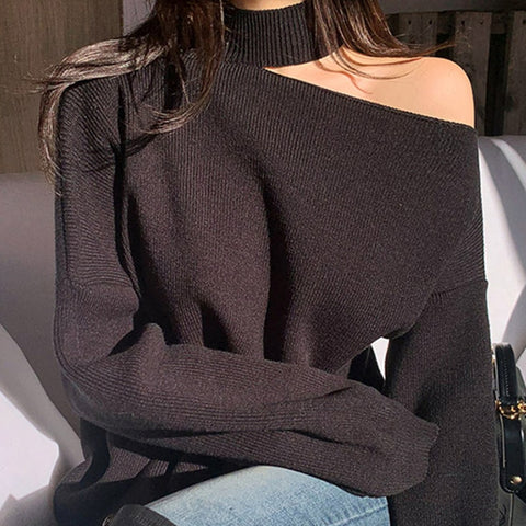 Halter Bare Shoulder Knitted Irregular Sweater