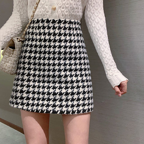 Woolen Plaid High Waist Slim Skirt